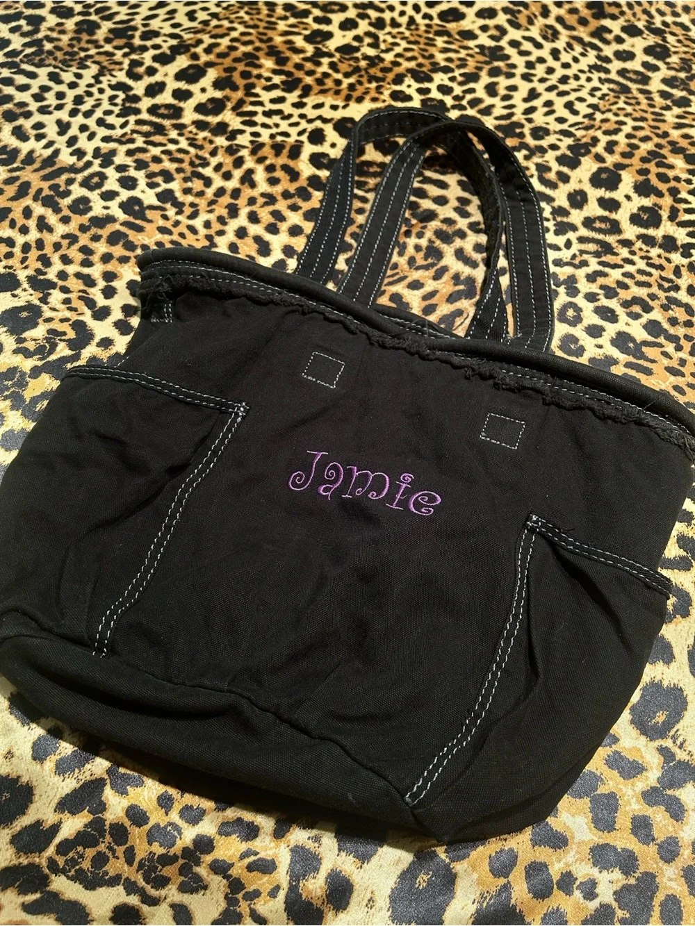 Thirty-One Black Distressed Tote Bag with “Jamie” Embroidered in Purple - Picture 2 of 7